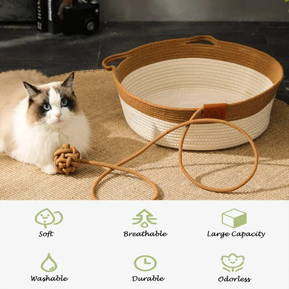 Handwoven Cotton Rope Cat Basket Bed with Teaser – 10 Designs
