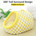 Checkered Plush Cave Bed for Cats & Small Dogs