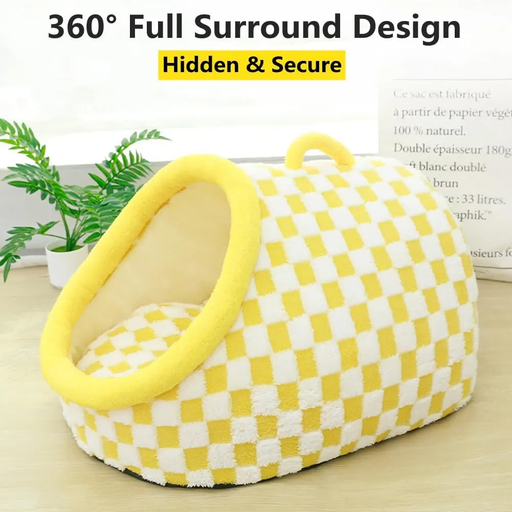 Checkered Plush Cave Bed for Cats & Small Dogs