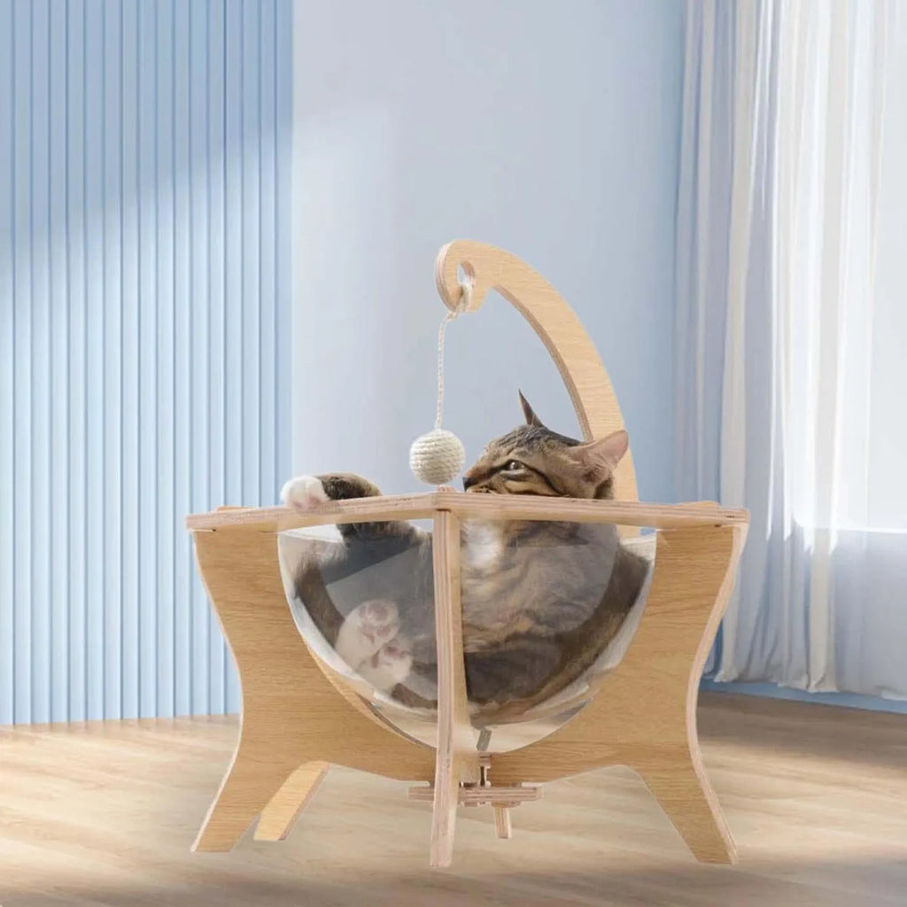 Wooden Space Capsule Cat Bed with Clear Bubble