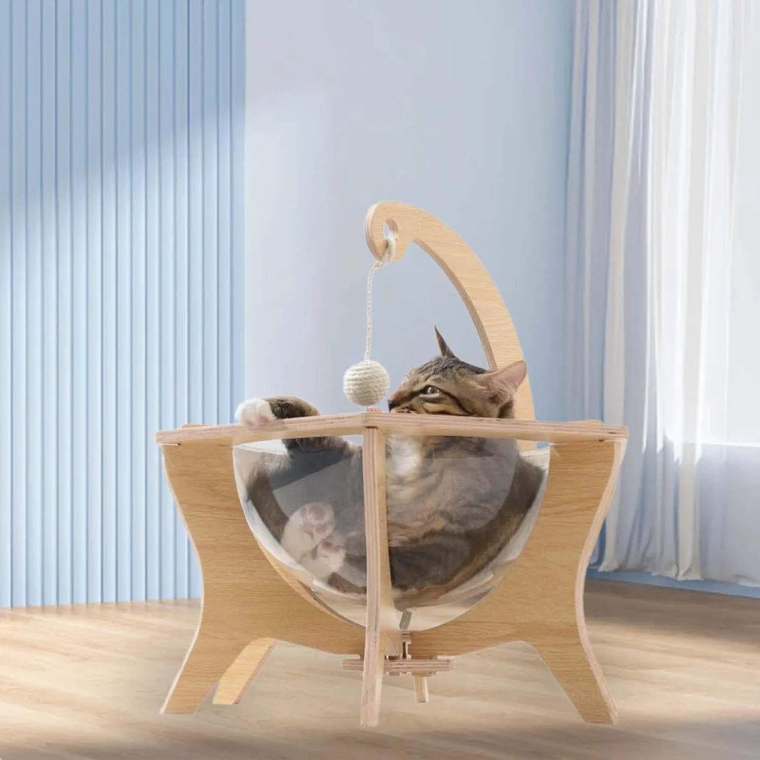 Wooden Space Capsule Cat Bed with Clear Bubble