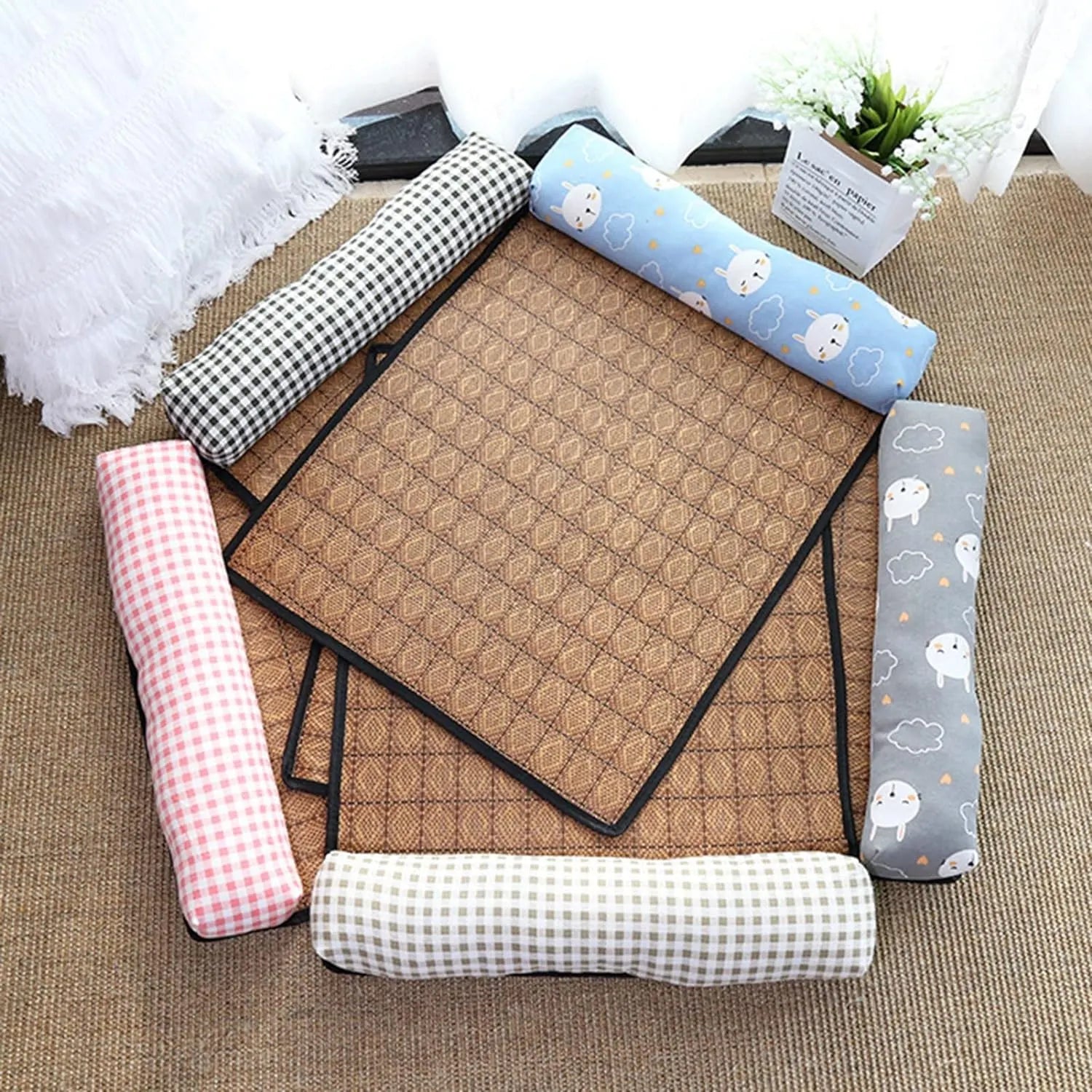 Breathable Rattan-Weave Pet Mat with Pillow – 5 Colors, 3 Sizes