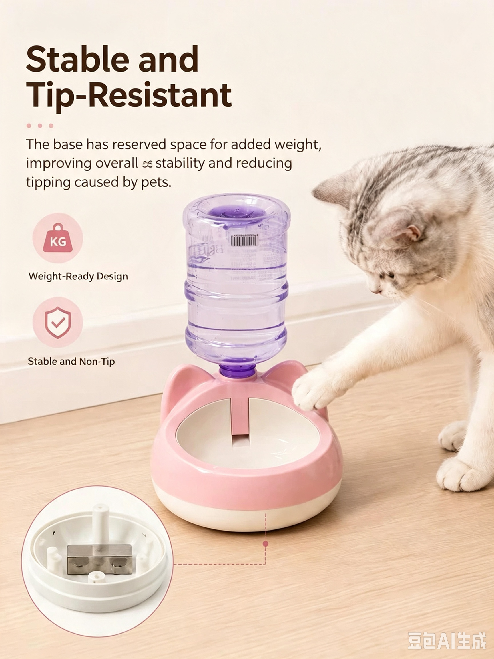 Cat-Ear Gravity Pet Water Dispenser with Weighted Base – 4 Colors