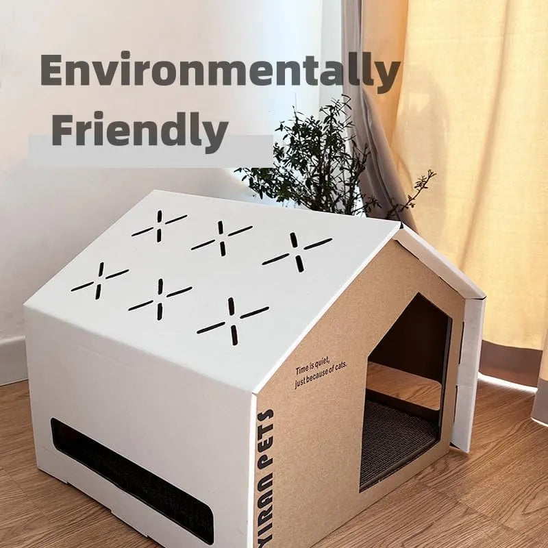 Cardboard Cat House with Integrated Scratching Pad