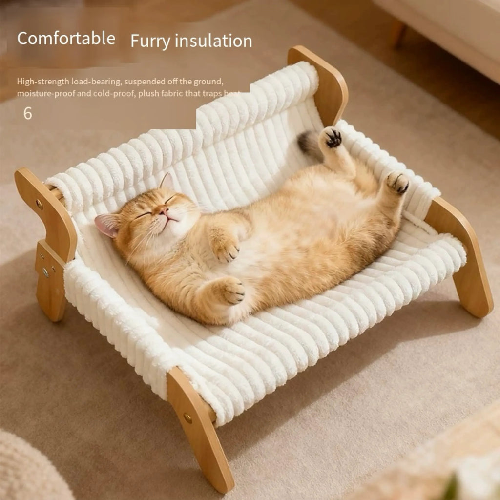 White Plush Cat Hammock with Wooden Frame