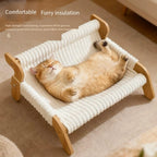 White Plush Cat Hammock with Wooden Frame