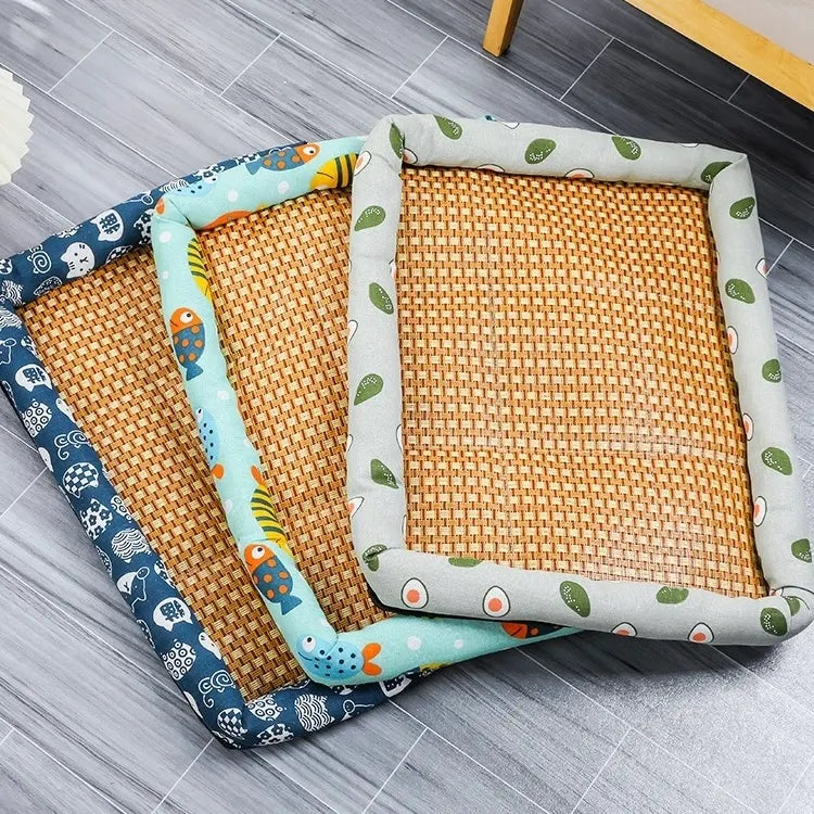 Rattan-Weave Pet Cooling Mat with Bolster – 5 Styles, 5 Sizes
