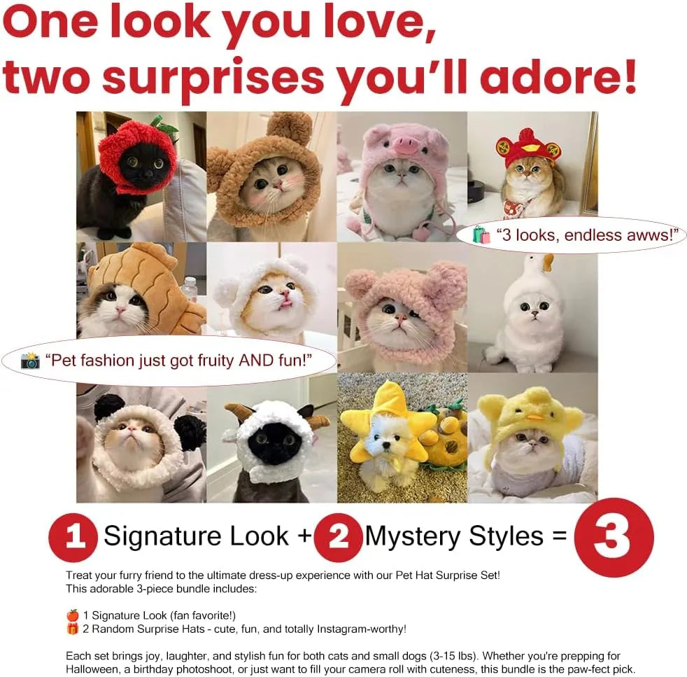 Plush Character Pet Hat – 13 Styles, Single or 3-Piece Set