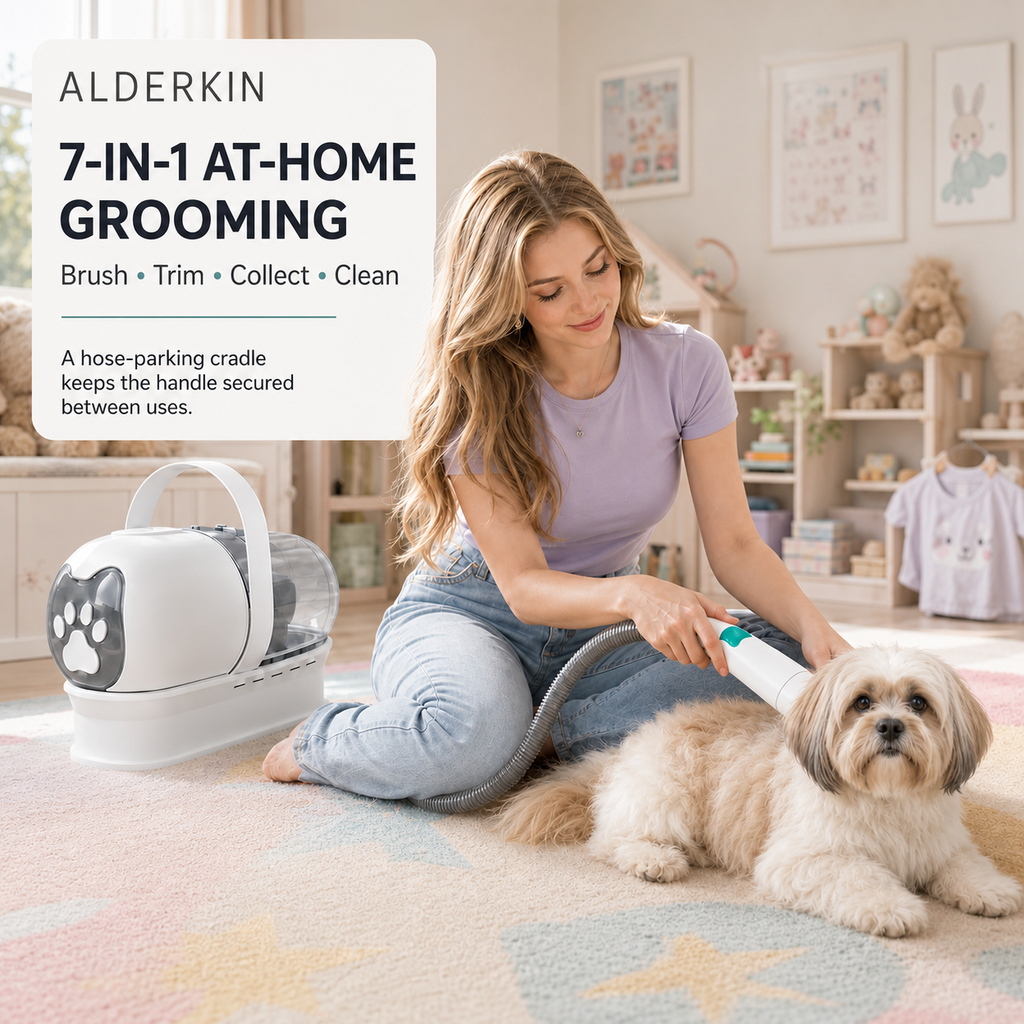 ALDERKIN 7-in-1 at-home pet grooming vacuum with hose storage cradle