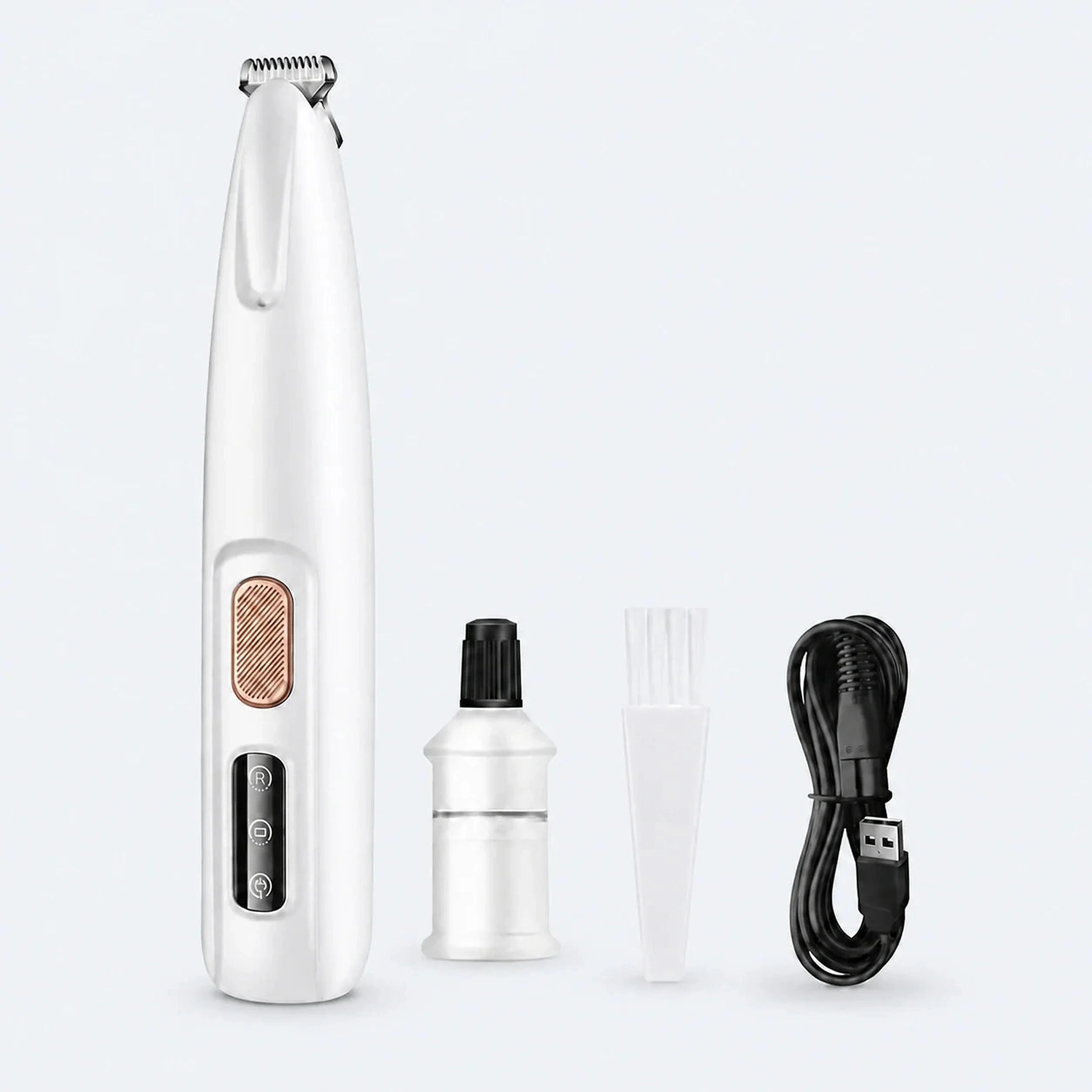 Rechargeable pet paw trimmer with accessories on a cool gray-blue background