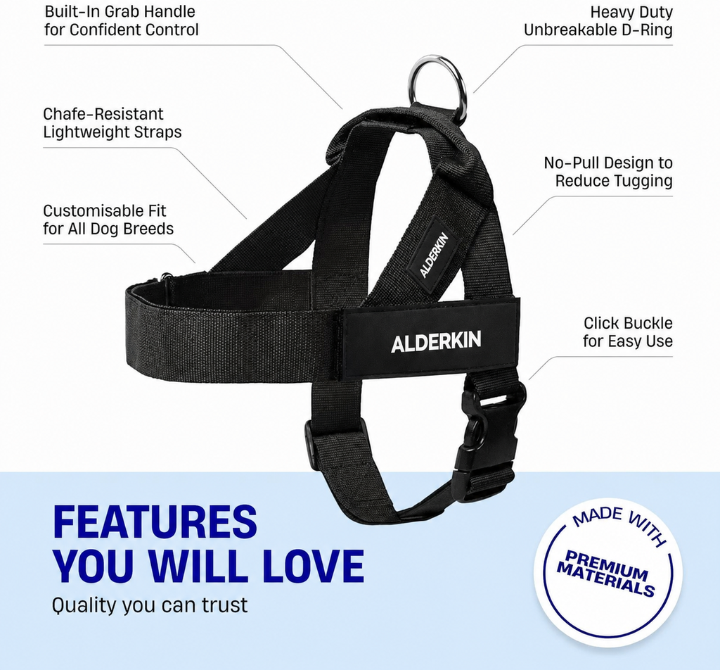 ALDERKIN adjustable black dog walking harness feature diagram