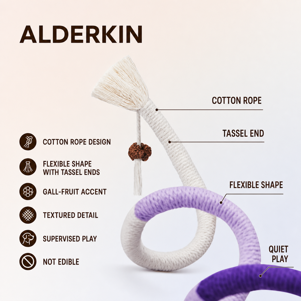 Purple and white cat rope toy showing tassel and gall-fruit details