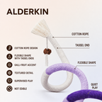Purple and white cat rope toy showing tassel and gall-fruit details