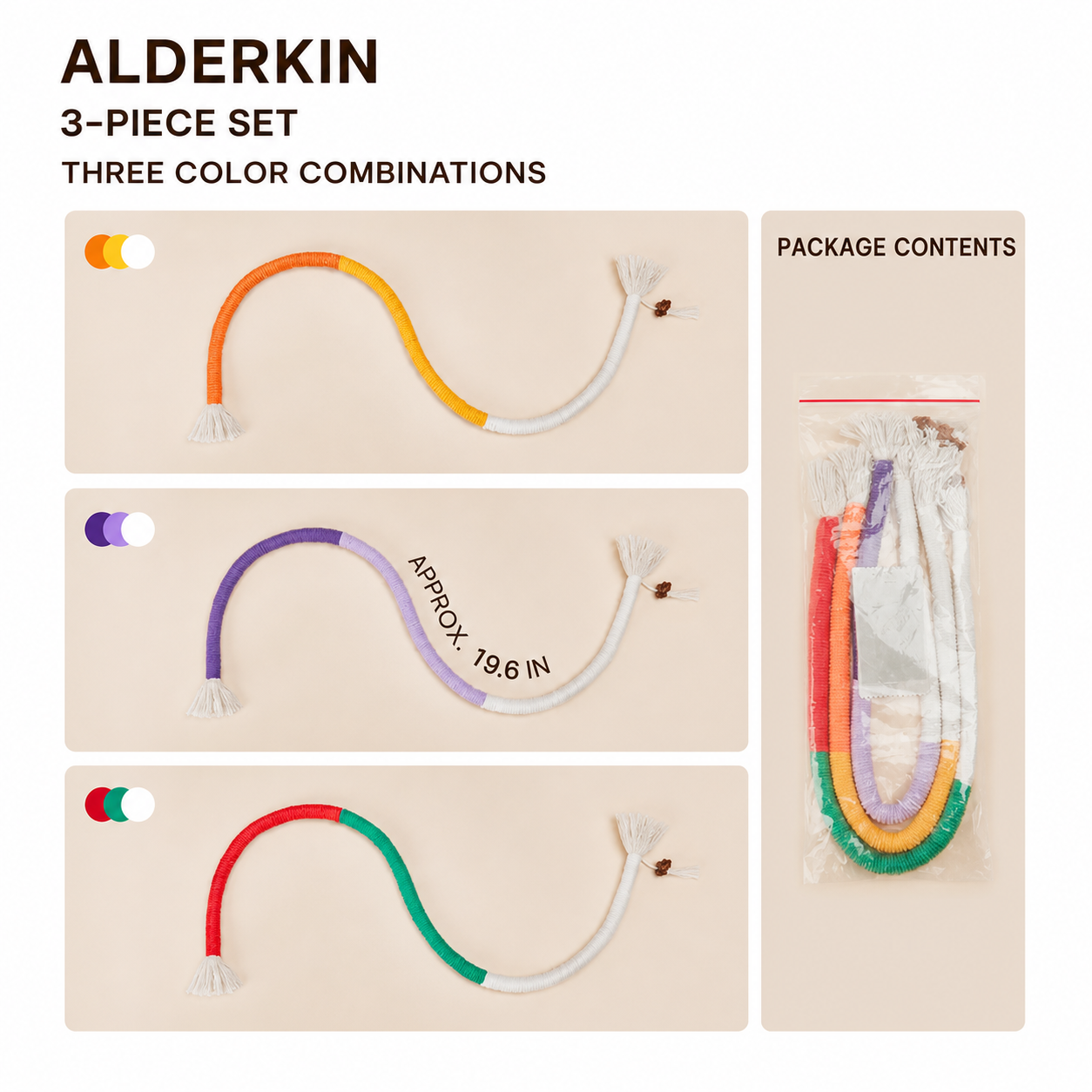 Three 19.6-inch cat rope toys in orange purple and red color combinations