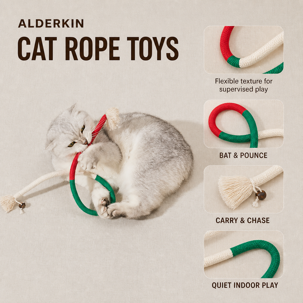 Indoor cat playing with a red green and white rope toy
