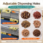 Adjustable dispensing holes control kibble flow and puzzle difficulty