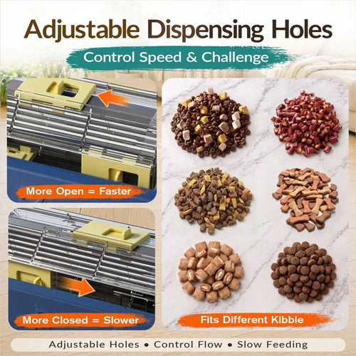 Adjustable dispensing holes control kibble flow and puzzle difficulty