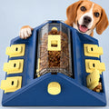 ALDERKIN blue and yellow dog puzzle feeder with adjustable center treat dispenser and beagle
