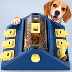 ALDERKIN blue and yellow dog puzzle feeder with adjustable center treat dispenser and beagle