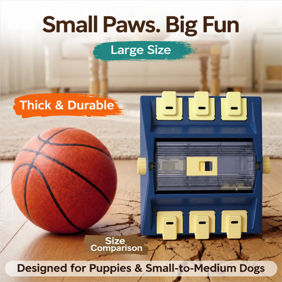 Large dog puzzle feeder shown beside a basketball for size comparison