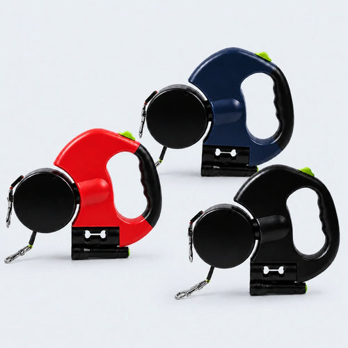 ALDERKIN 2-in-1 retractable pet leash in three colors on a cool gray-blue background