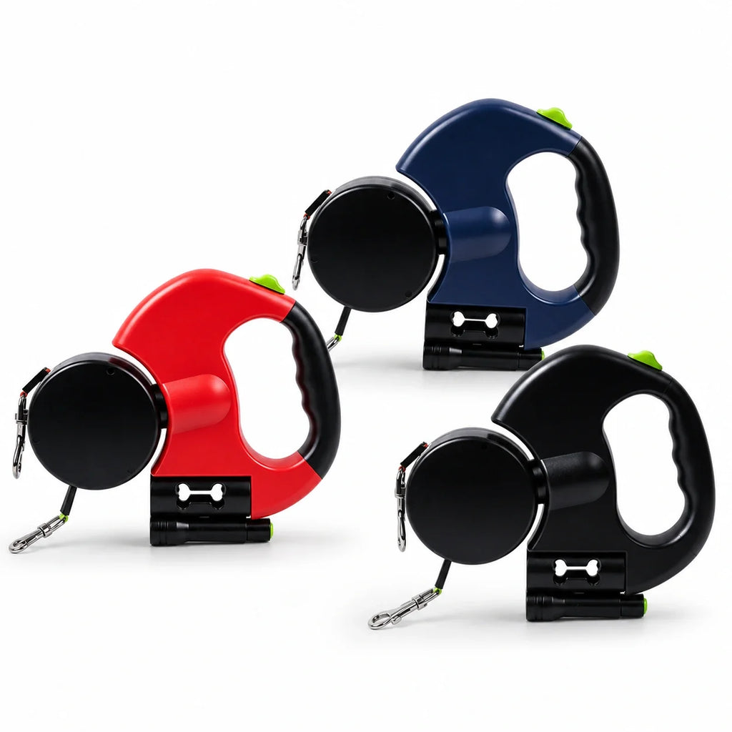 ALDERKIN 2-in-1 retractable pet leashes in blue, red, and black on white