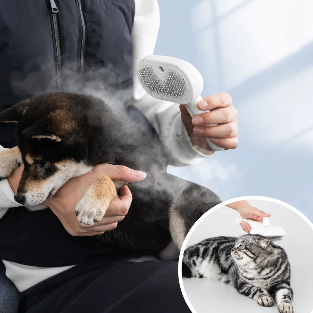 White self-cleaning pet grooming brush with mist being used on a dog; cat grooming inset