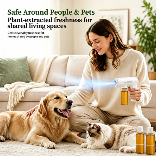 ALDERKIN pet odor-control mist in a shared home with dog and cat