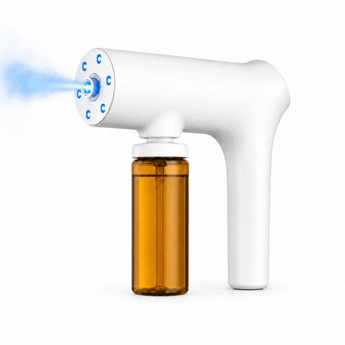 ALDERKIN pet odor-control mist device with a soft blue illuminated mist and amber refill bottle