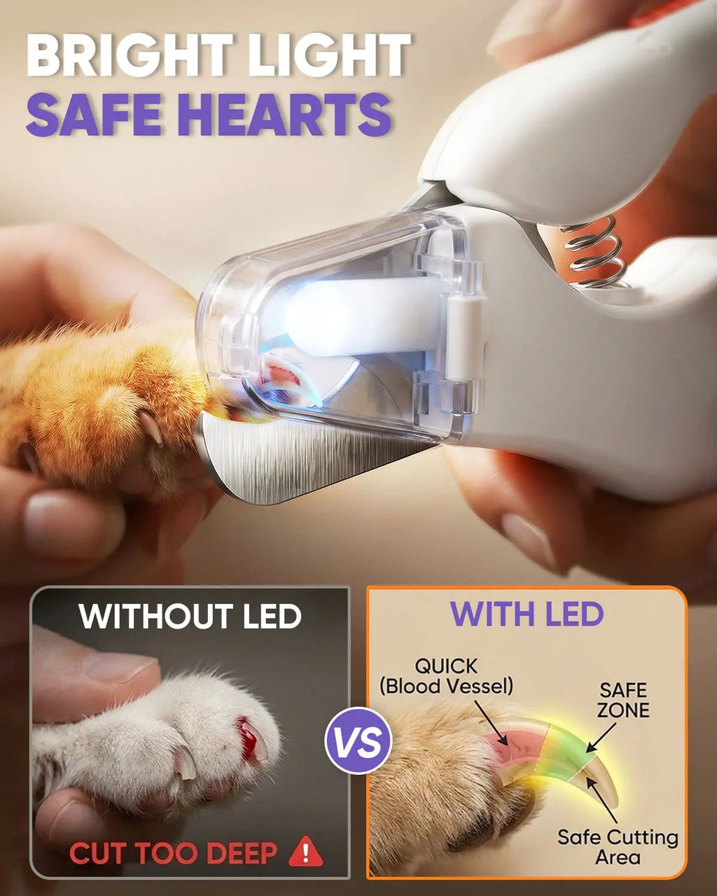 LED light on the ALDERKIN pet paw trimmer helps illuminate the grooming area