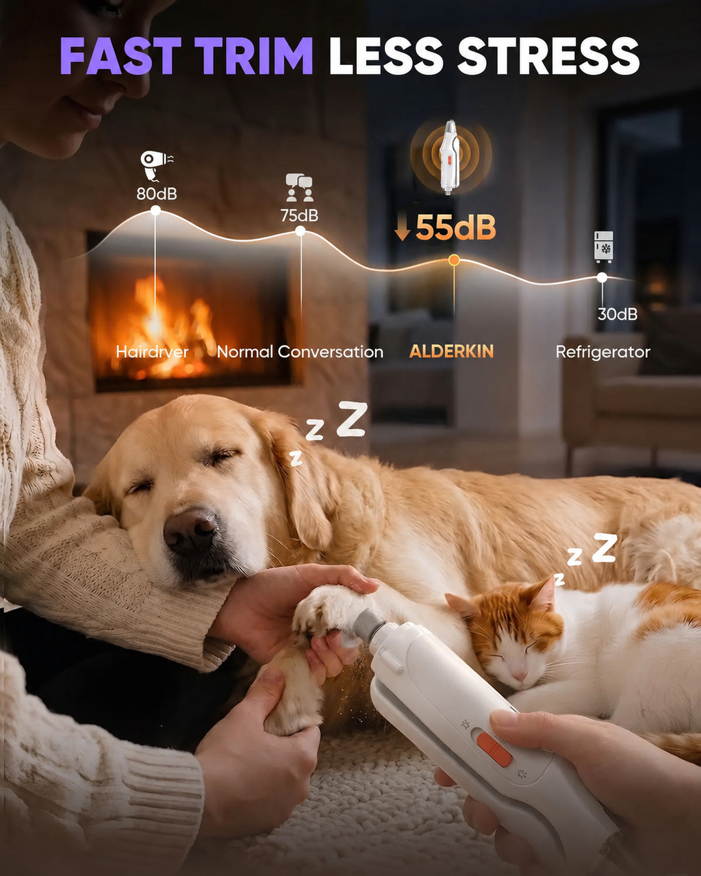 ALDERKIN 2-in-1 pet paw trimmer low-noise comparison infographic