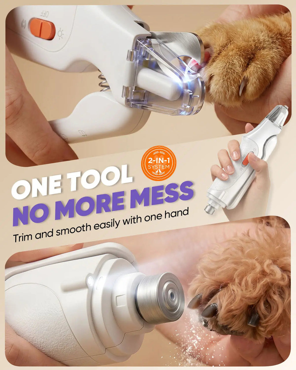 ALDERKIN 2-in-1 paw trimmer and nail grinder in use on a dog