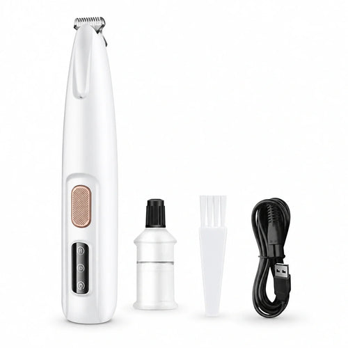 White rechargeable pet paw trimmer with USB cable, cleaning brush, and oil bottle