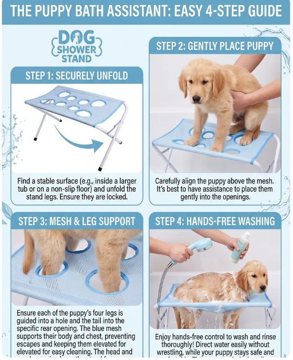 Four-step guide for using the ALDERKIN pet bathing stand
