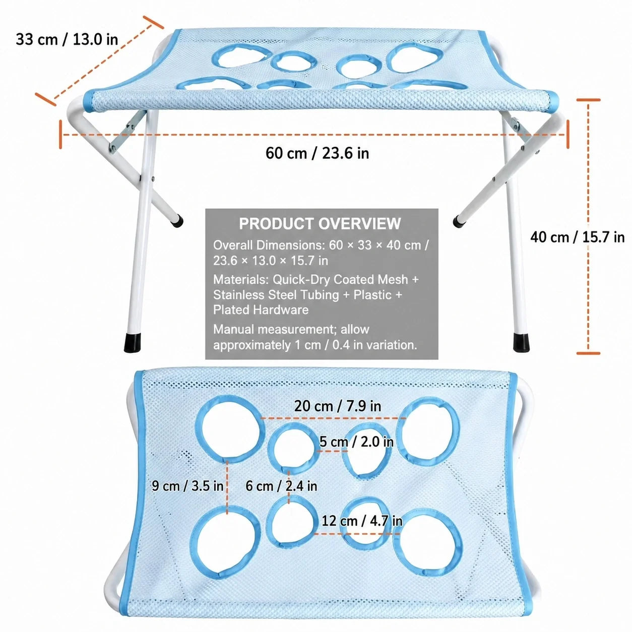 ALDERKIN elevated pet bathing stand size guide with centimeter and inch measurements