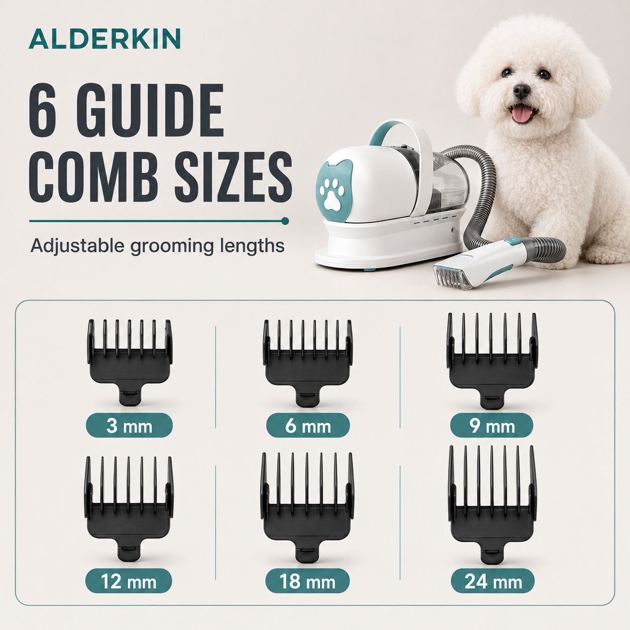 Six guide comb sizes for ALDERKIN pet grooming vacuum clipper