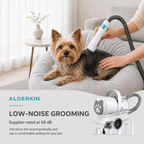 ALDERKIN low-noise pet grooming vacuum in use on a small dog