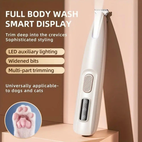White rechargeable pet trimmer with LED lighting feature callouts