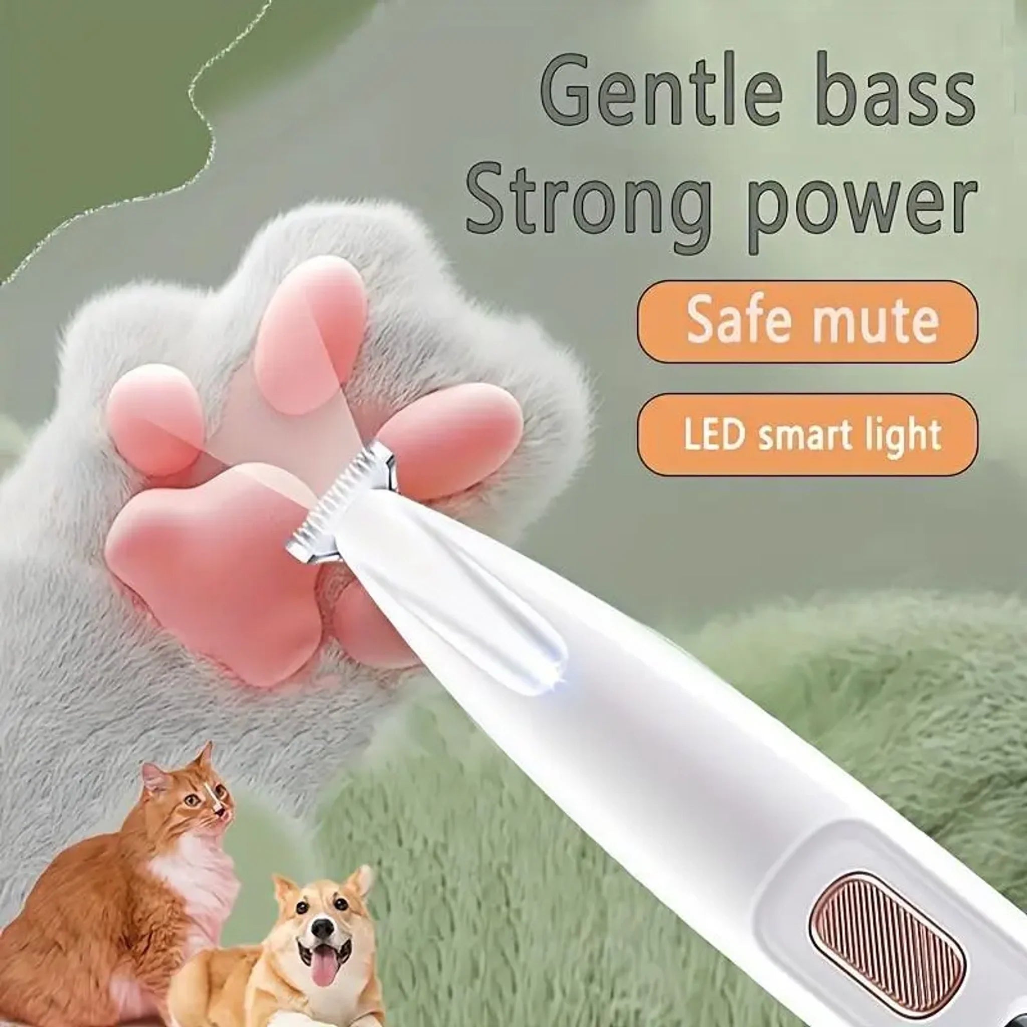 White pet paw trimmer shown for dog and cat paw grooming with LED lighting callouts