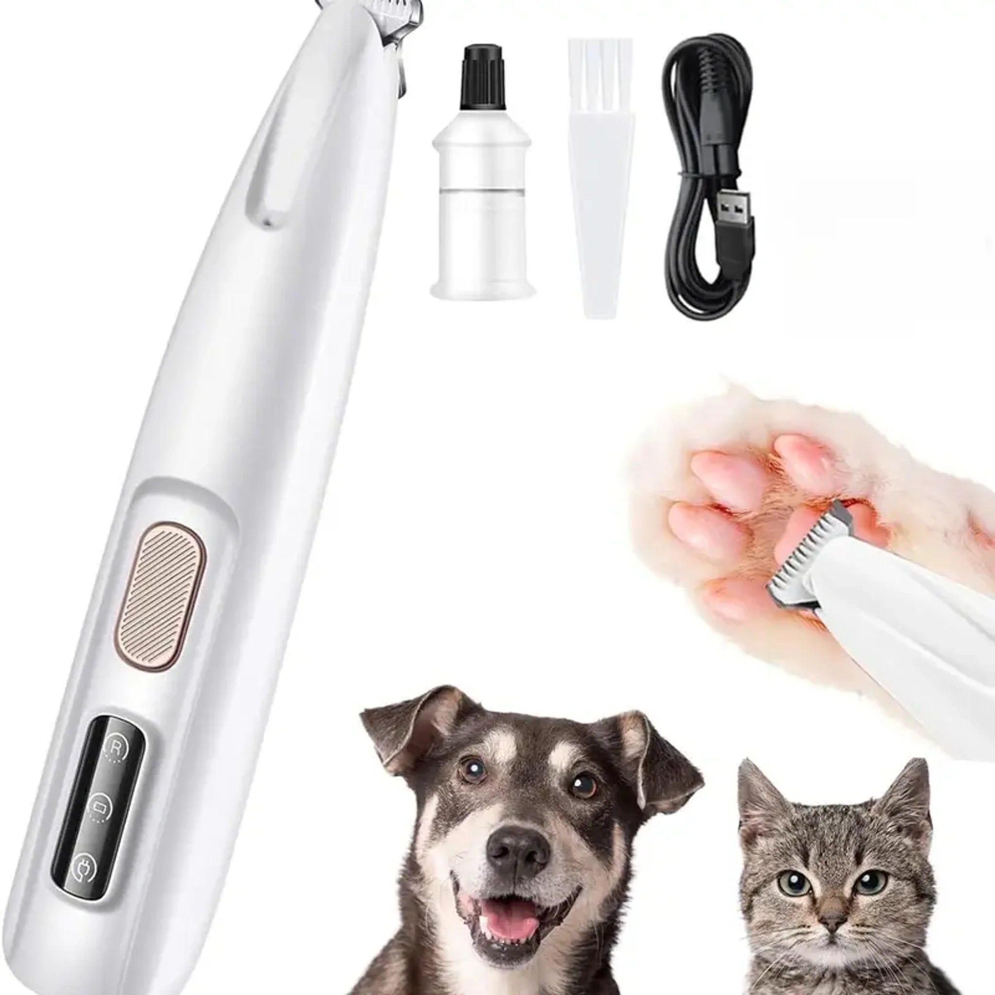 White rechargeable pet paw trimmer with USB cable, cleaning brush, oil bottle, dog and cat