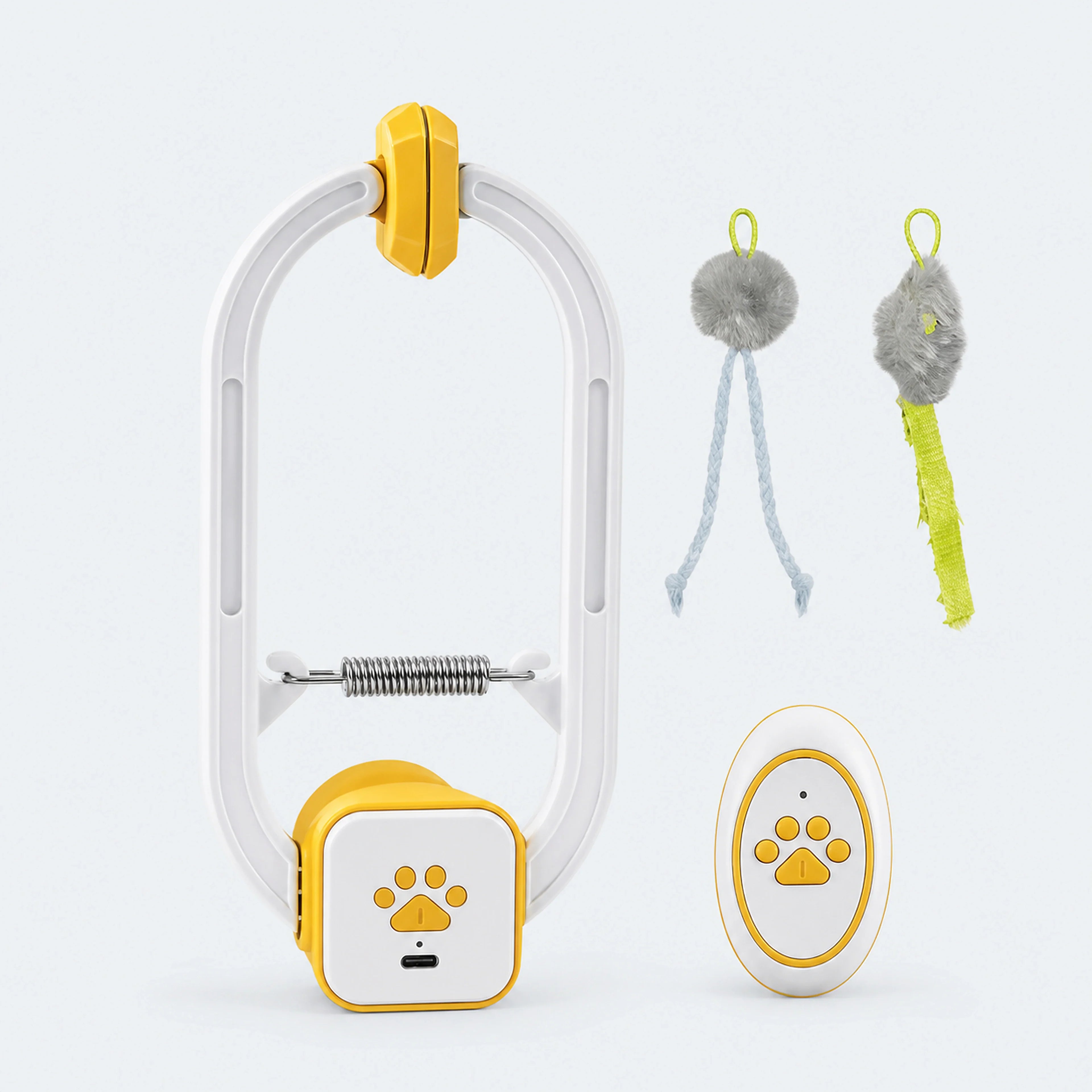 ALDERKIN rechargeable door-mounted cat teaser with remote and two teaser attachments on a cool gray-blue background
