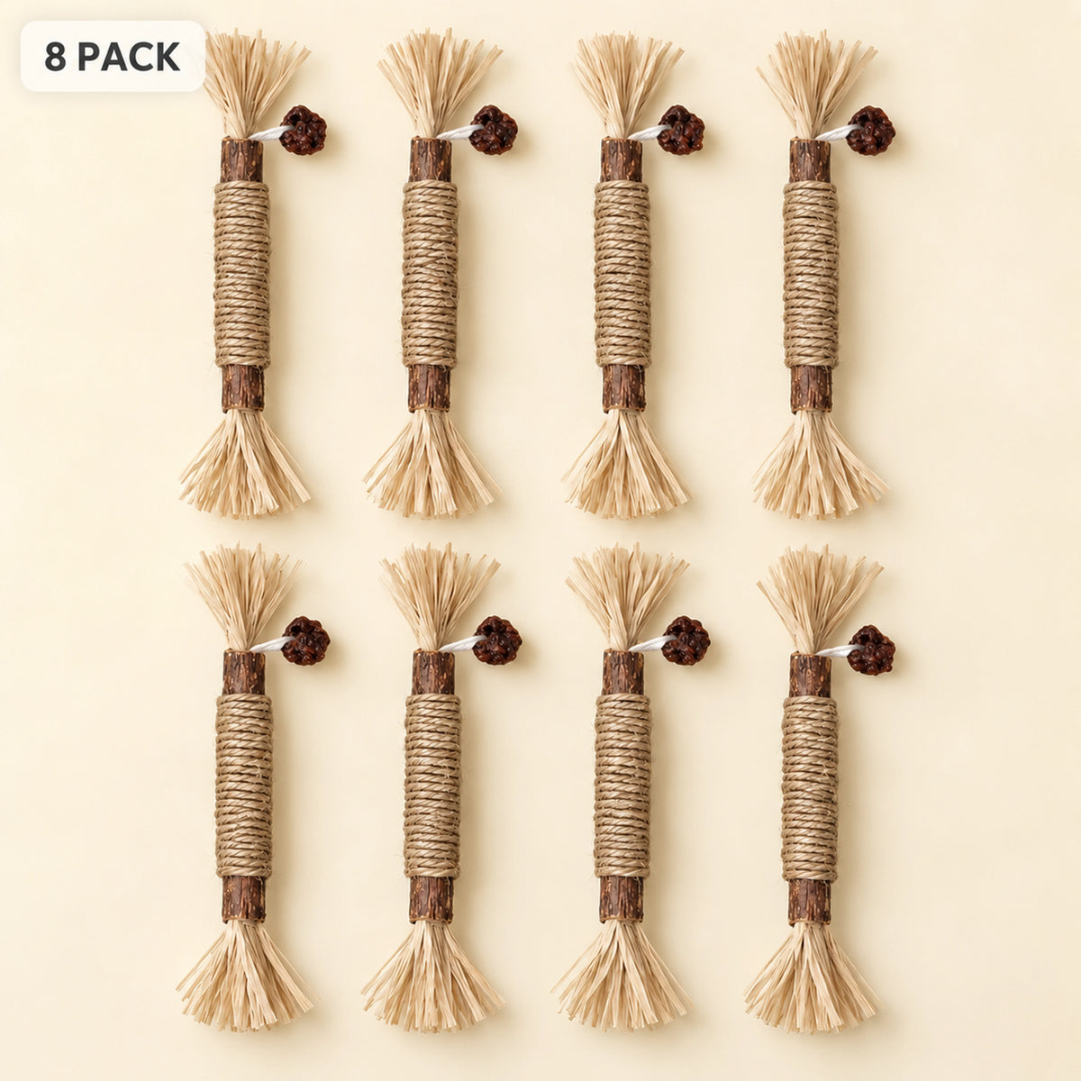 Eight-pack of natural silvervine chew sticks arranged in two rows