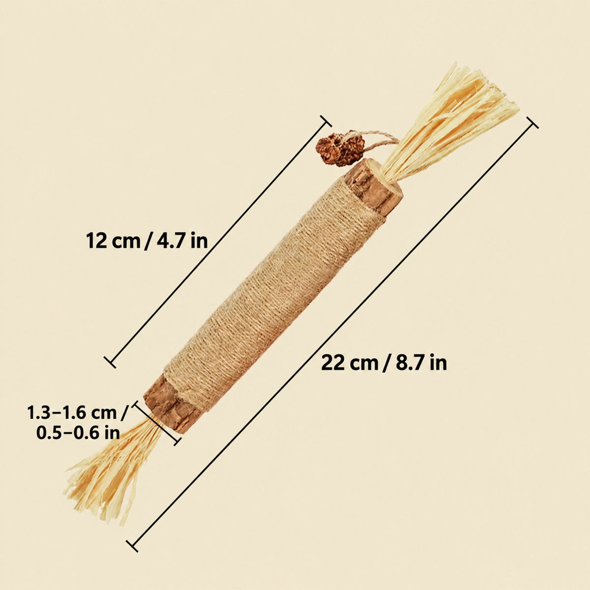 Silvervine chew stick dimensions showing 12 centimeter wooden body, 22 centimeter overall length, and 1.3 to 1.6 centimeter diameter