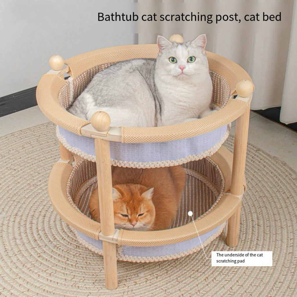 2-Tier Wooden Cat Scratcher Bed with Sisal Mat & Play Ball