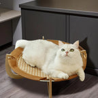 Elevated Natural Rattan Cat Bed with Wooden Base