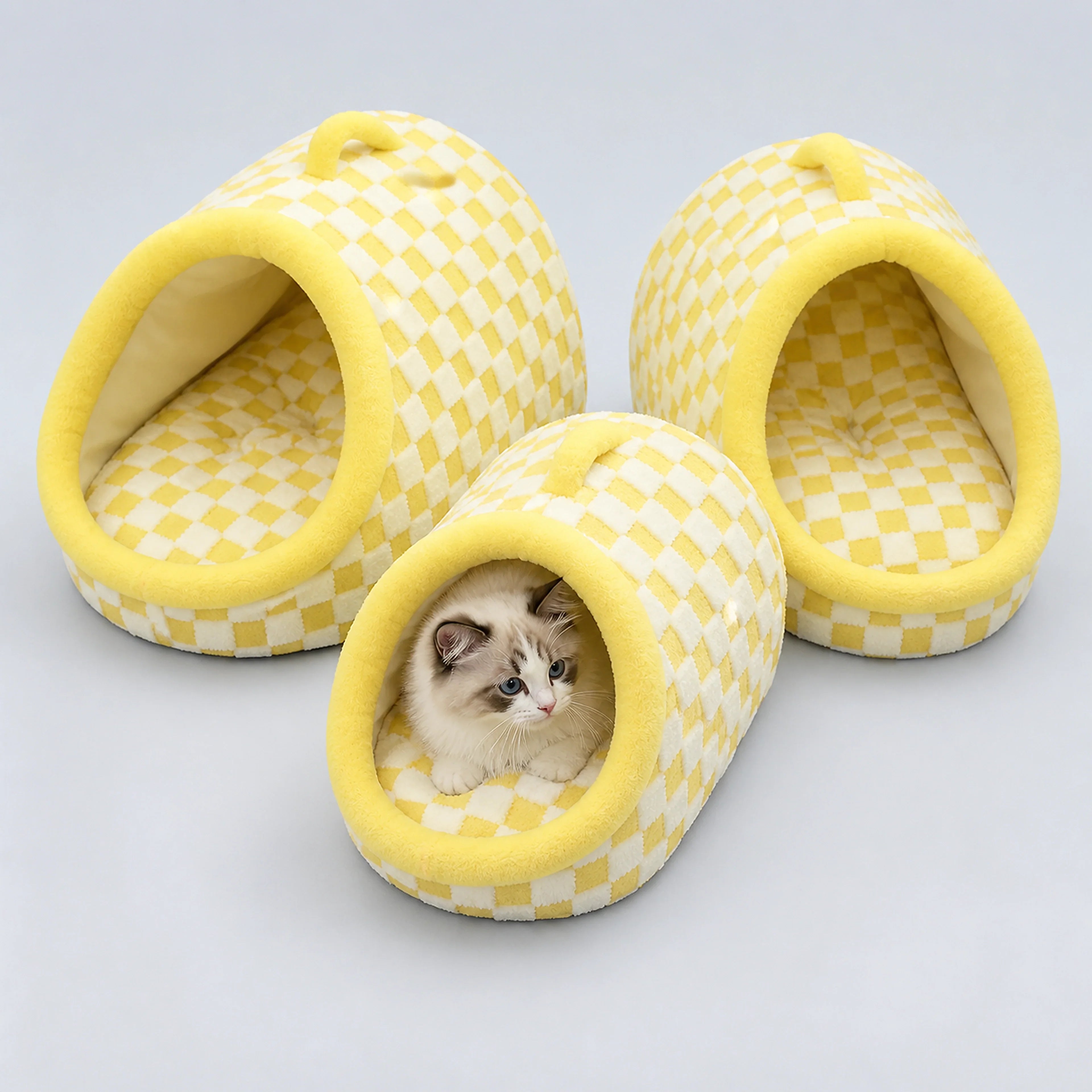 Checkered Plush Cave Bed for Cats & Small Dogs | ALDERKIN