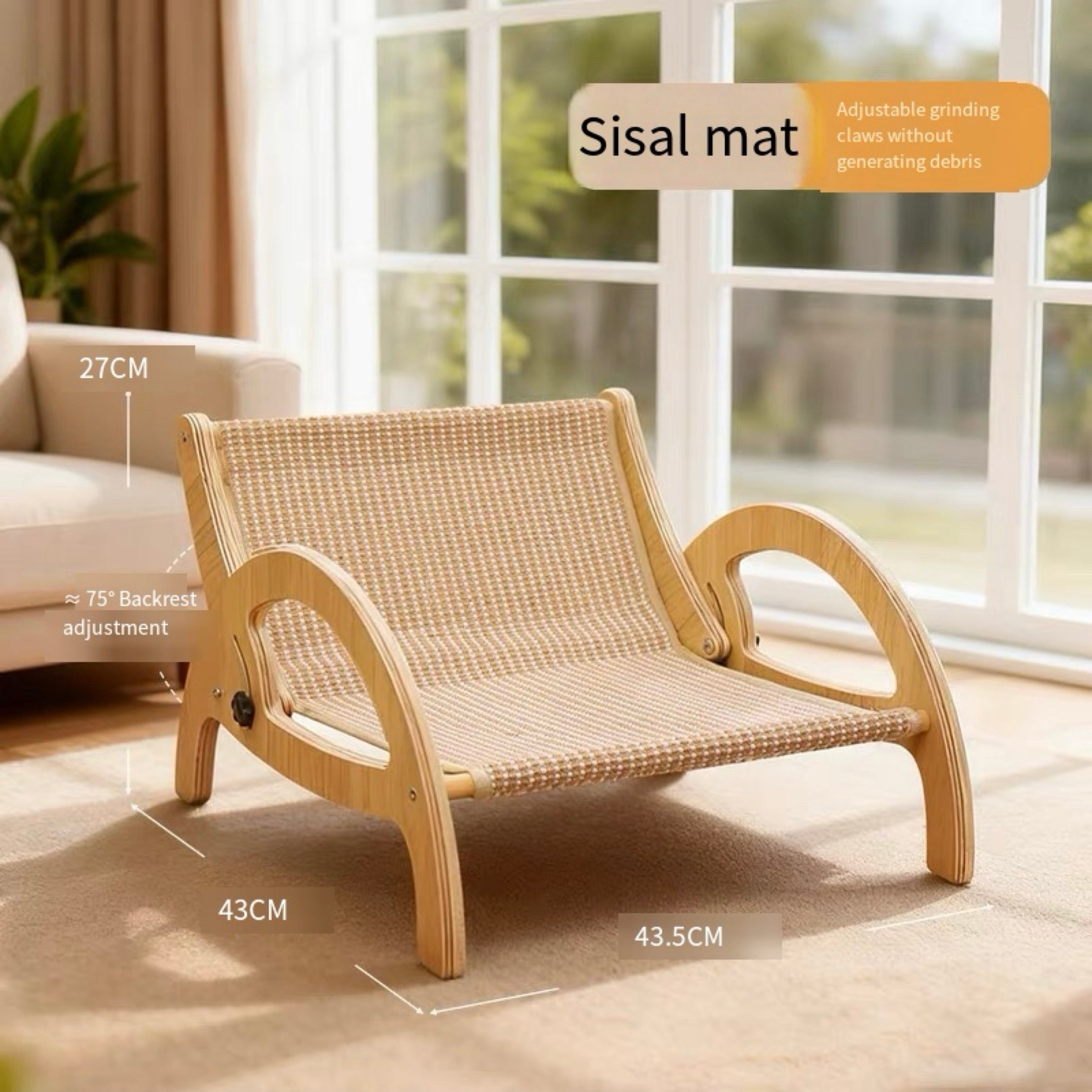Adjustable Wooden Cat Scratcher Lounge with Sisal Mat