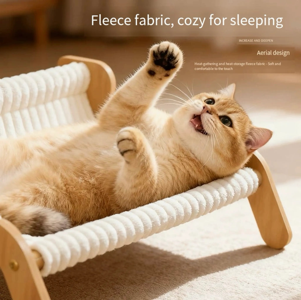 White Plush Cat Hammock with Wooden Frame