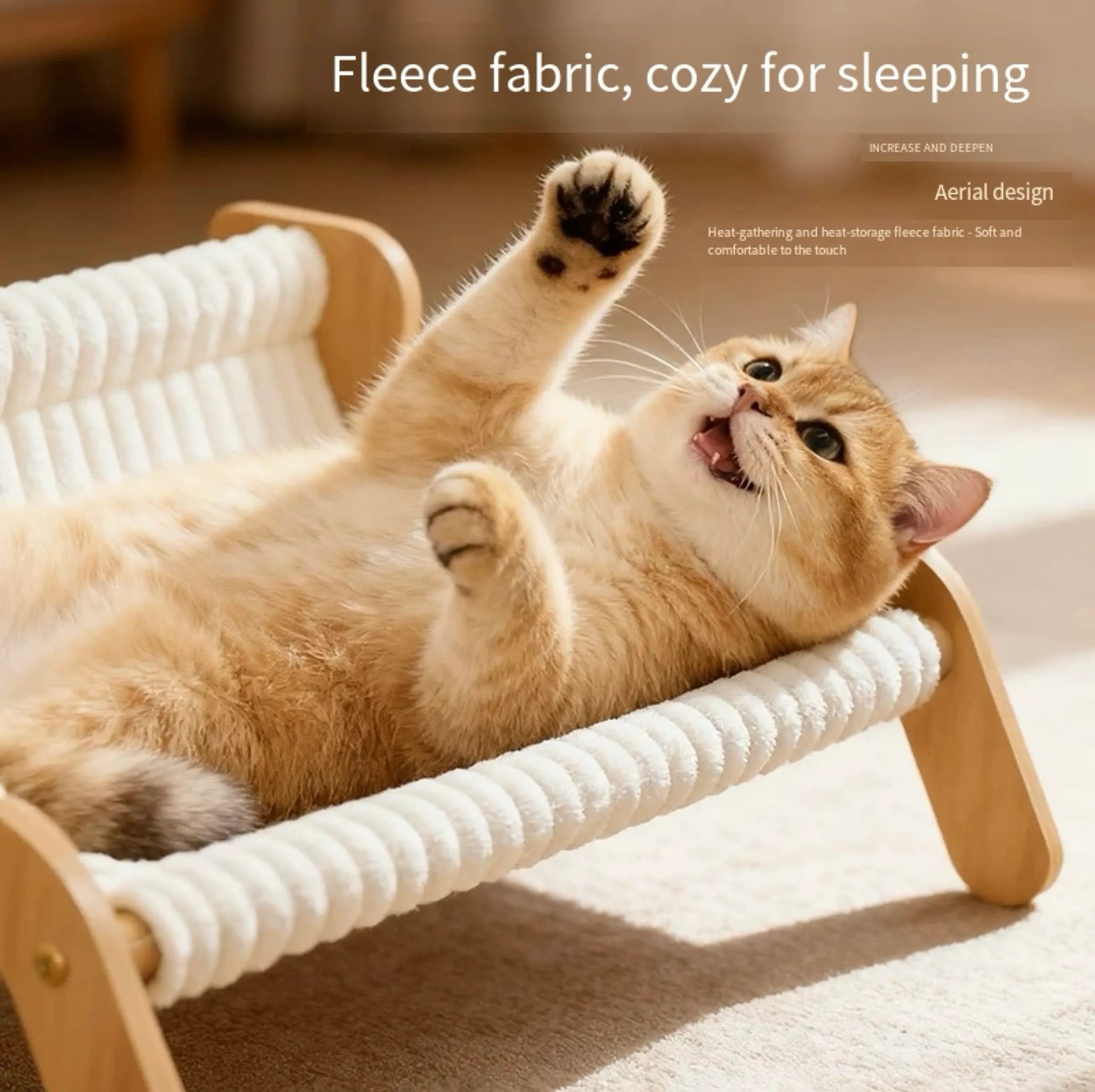White Plush Cat Hammock with Wooden Frame