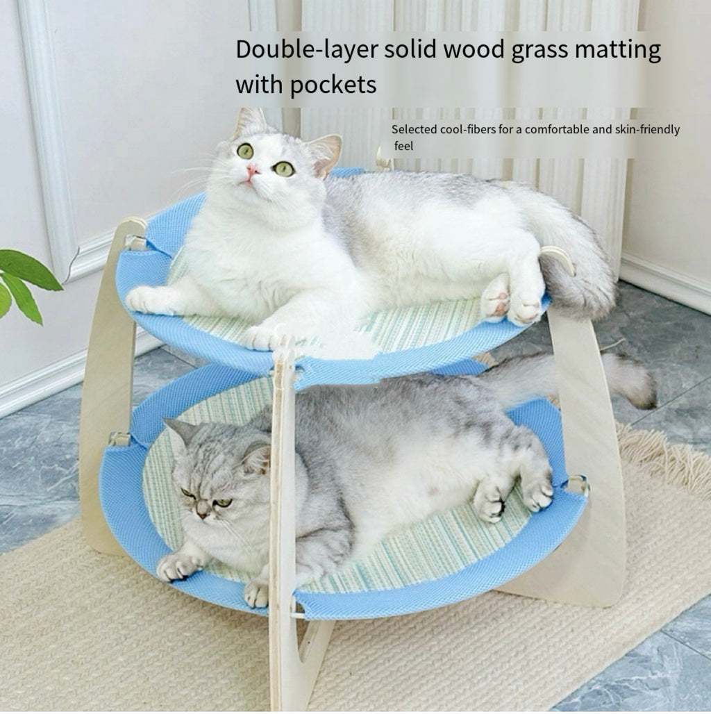 Double-Tier Wooden Cat Hammock with Woven Mats – 3 Colors
